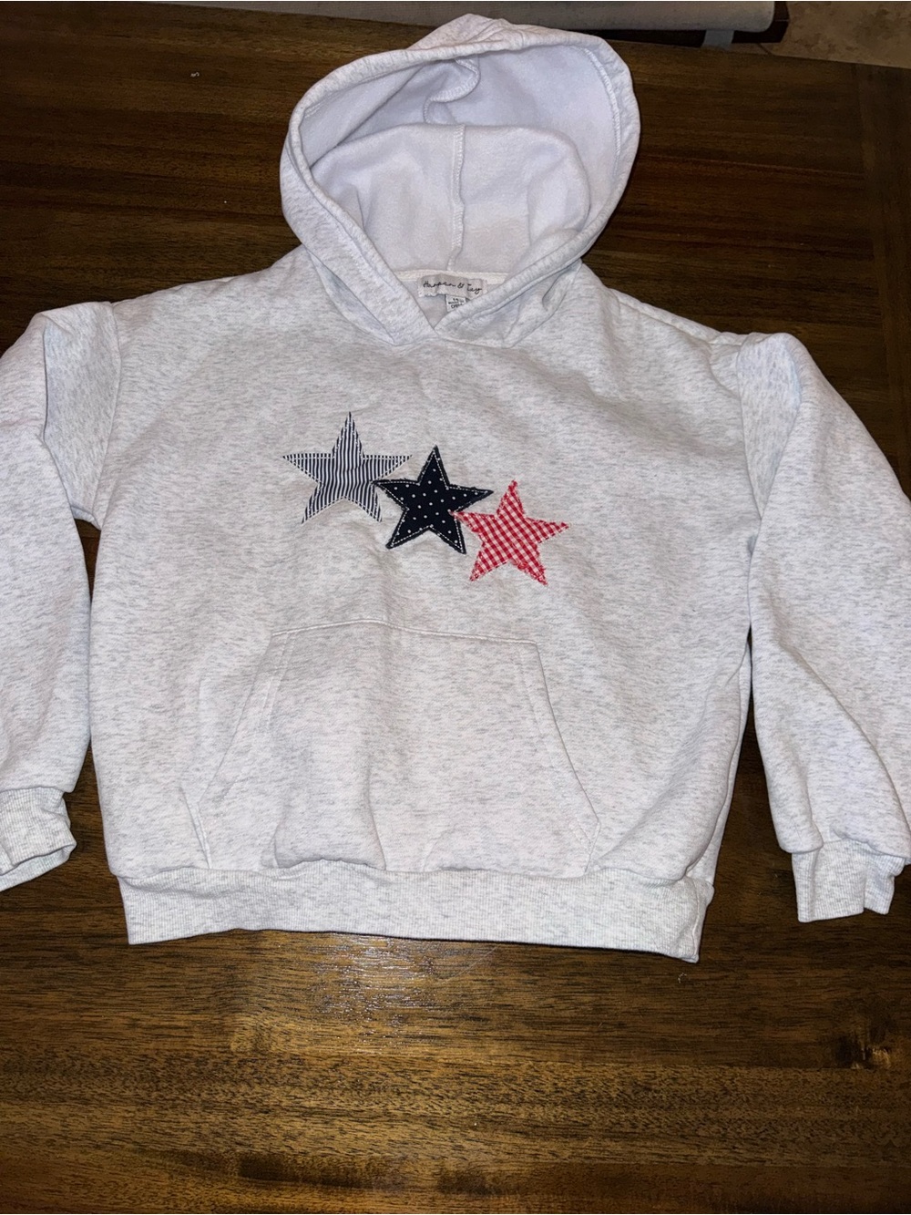 Kids Heather gray Hoodie with patriotic striped , Navy & Red gingham Stars